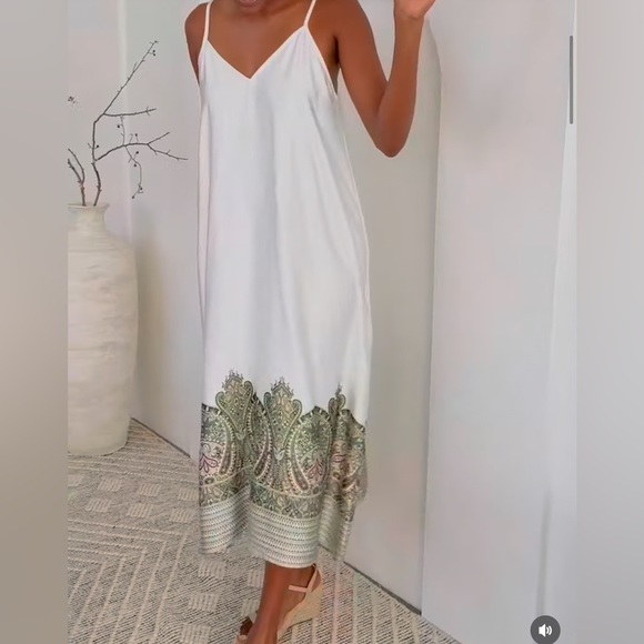 Liverpool Los Angeles Printed Border Maxi Dress size S/M Cream Olive Paisly - Picture 7 of 7